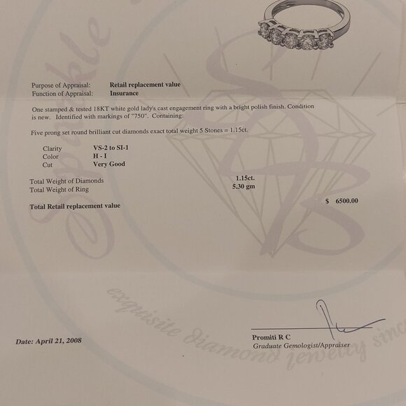 LADY'S 5 DIAMOND RING 1.15ct. 18 CARAT WHITE GOLD - Picture 11 of 12